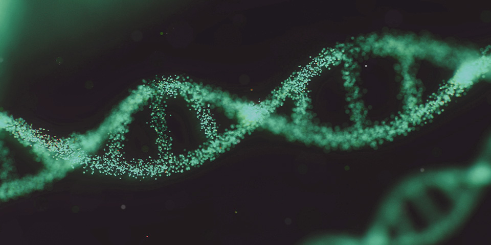 a green dna chain going around - gene and cell therapy cover