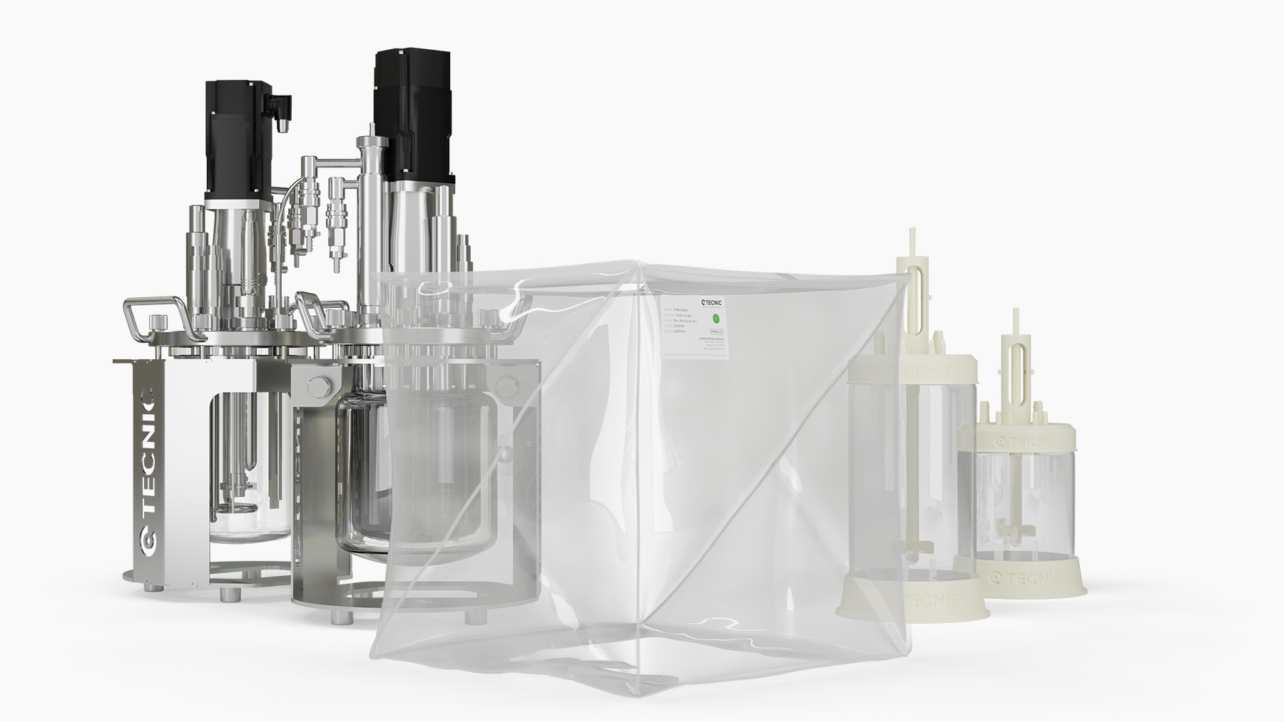 on the left are two stainless steel bioreactors, in the middle a 3d single use bag and on the right 2 other bioreactors of the essential biprocess solutions.