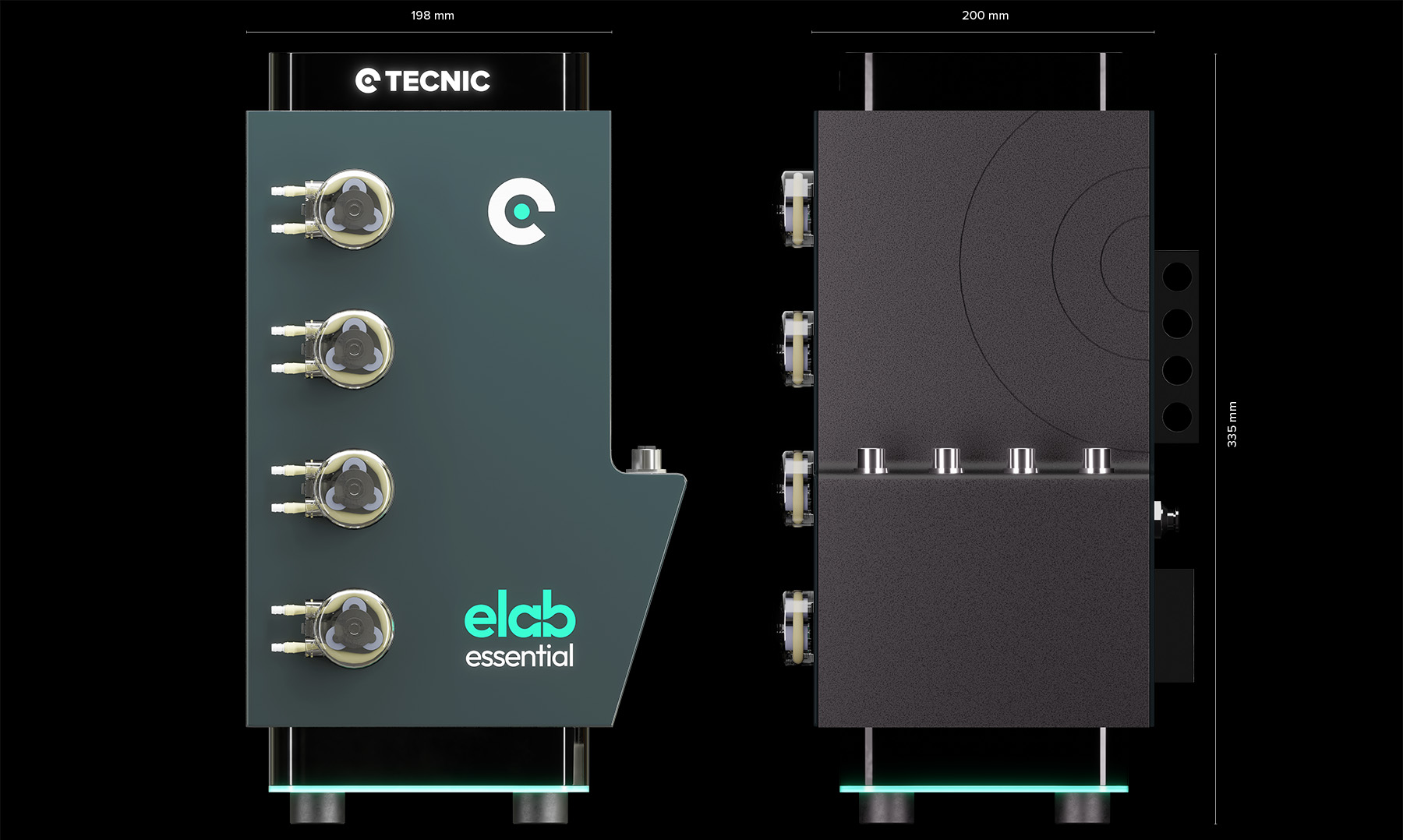 we can see two sides of the eLAB® Essential, the back side with its connectors and the front side with the pumps.