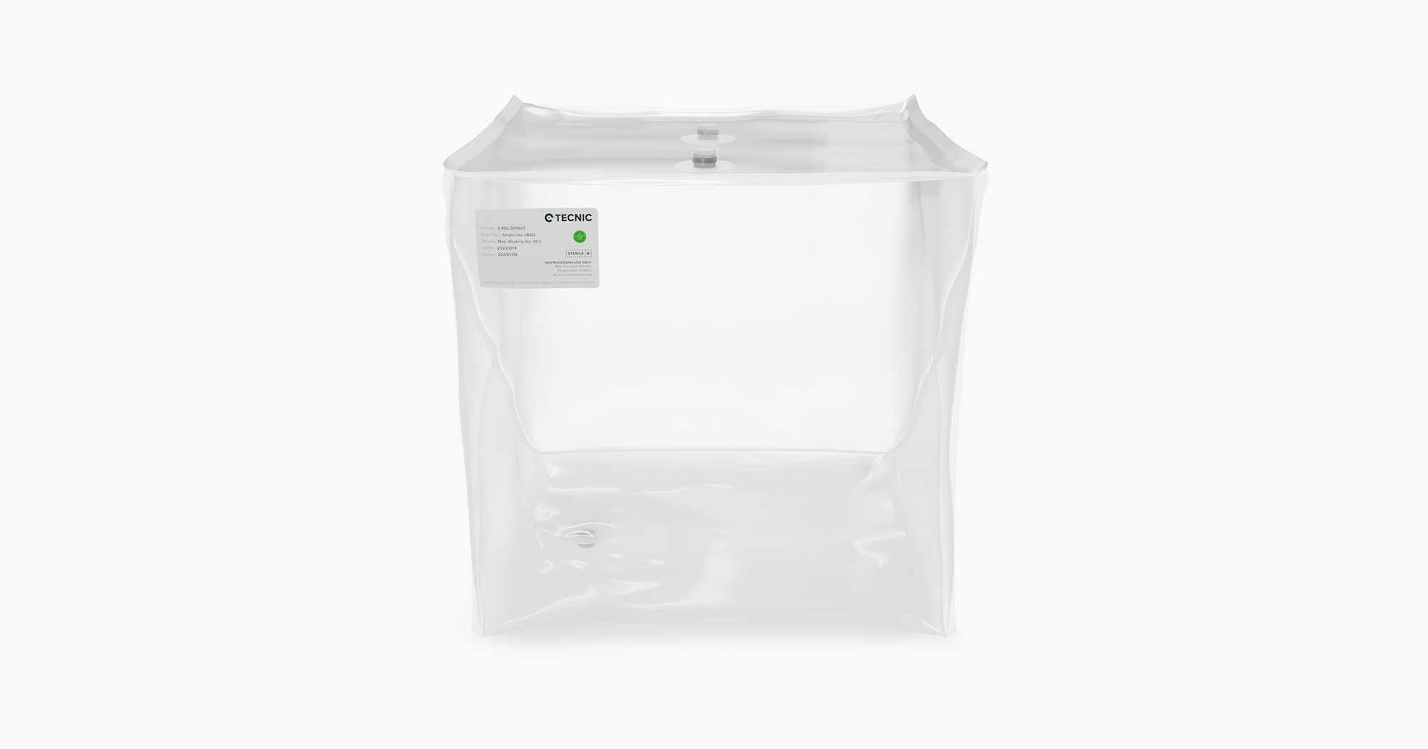 A TECNIC single-use bag with the name eBAG® 3D Storage, it is three-dimensional, transparent and square.