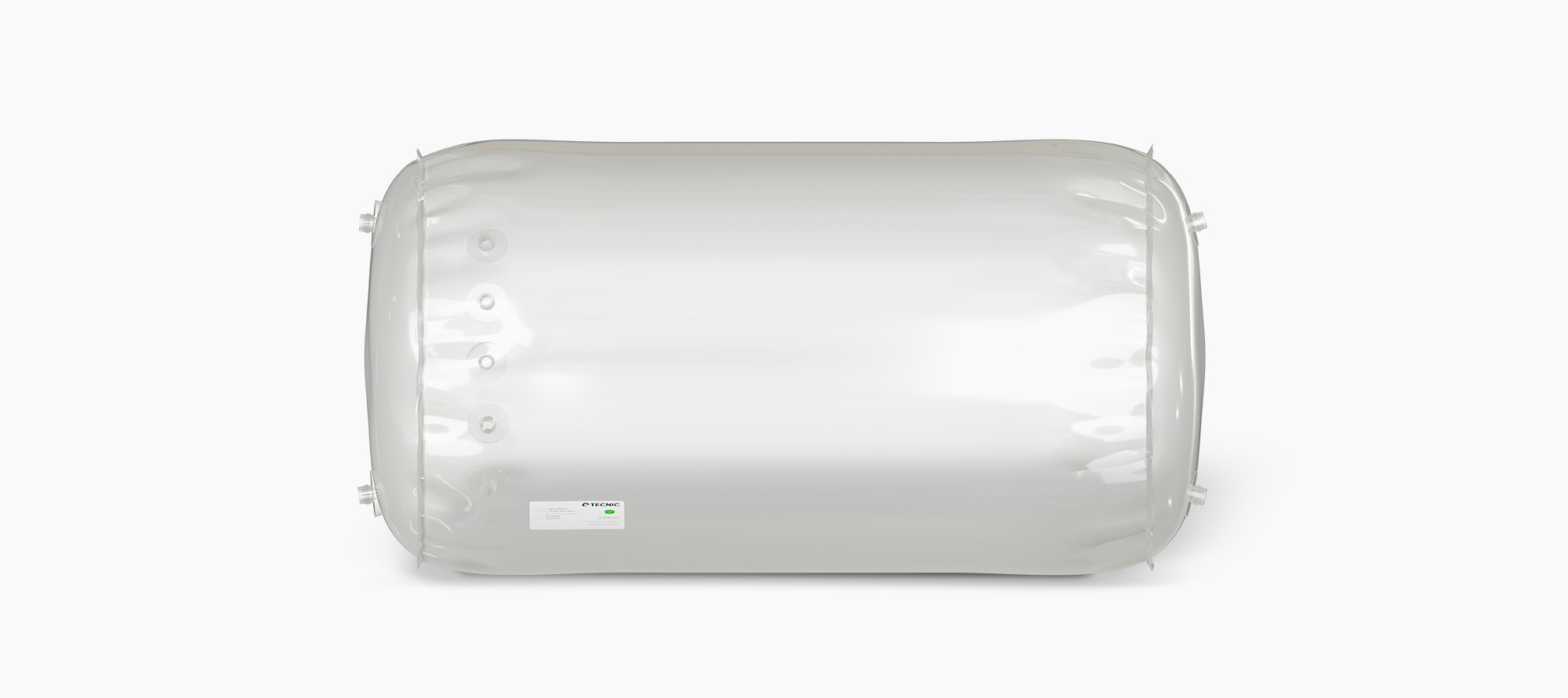 A TECNIC single-use bag with the name eBAG® 3D STR, it is transparent and rectangular but with rounded edges.