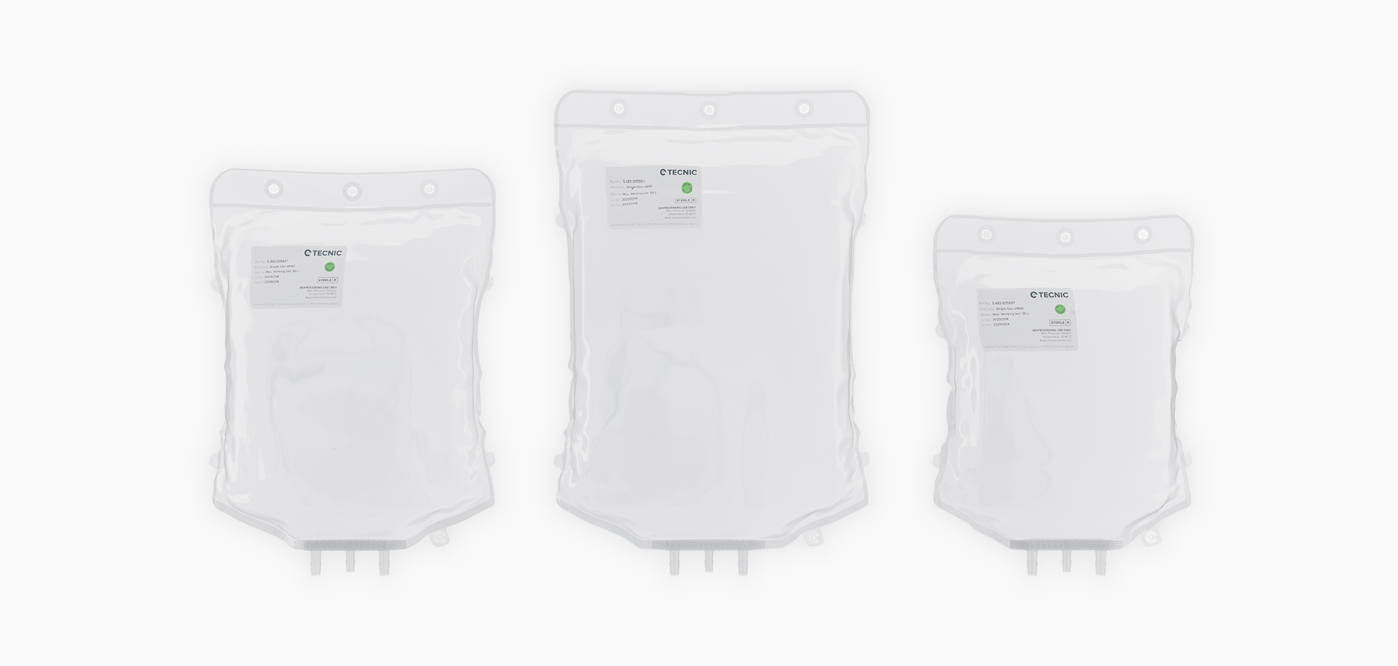 Header image of the eBAG 2D Storage section, there are 3 transparent and aligned bags, with an etqieuta stuck in the upper left part where the TECNIC logo can be seen, the middle bag is bigger.