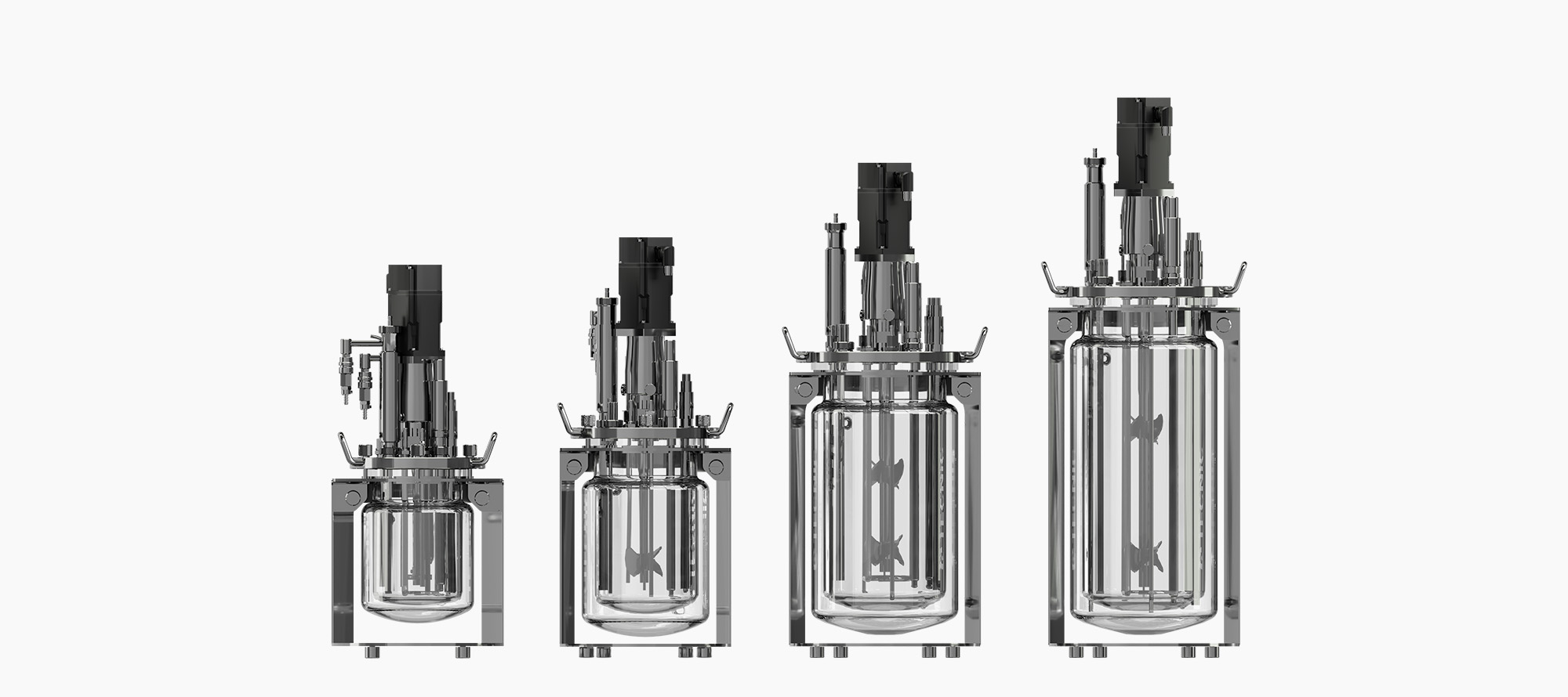 4 glass vessels of different sizes, thus seeing the 4 different volumes, these bioreactor vessels have different positions in the upper lid and a glass tank.