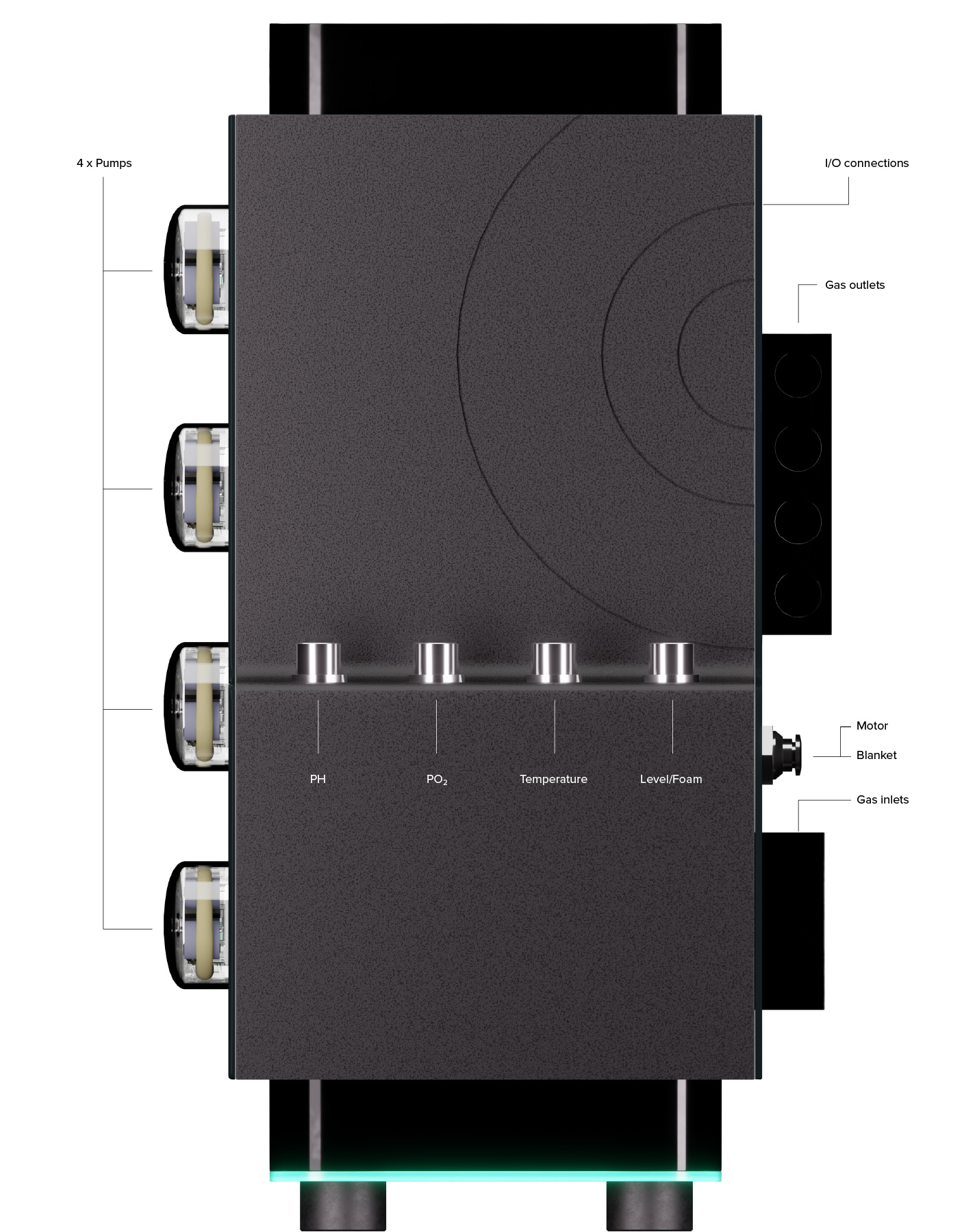 Bioreactor eLAB Essential, showing the side part and texts indicating the different components of the equipment.