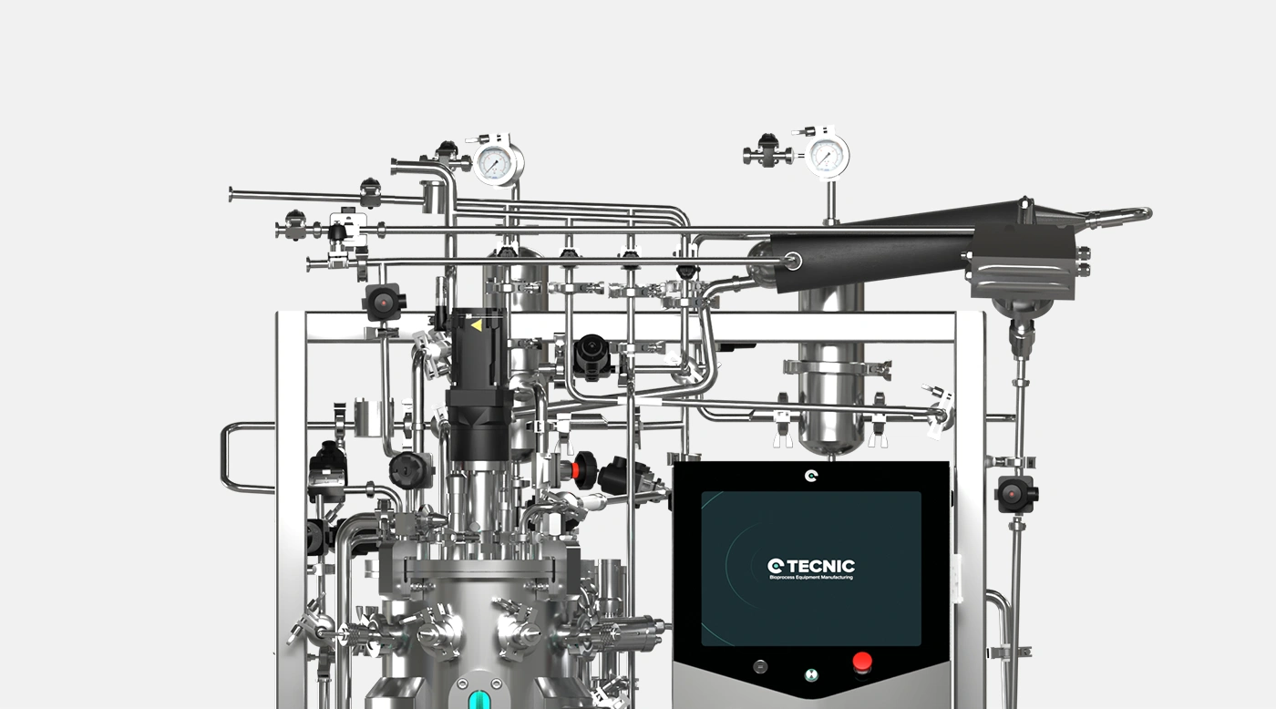 Top view of a ePILOT bioreactor, showing its stainless steel vessel, control panel and various ports and connections. The bioreactor's compact design and intuitive interface highlight its suitability for pilot-scale applications.