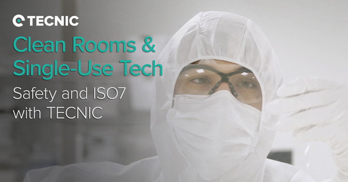 TECNIC's video cover story on cleanrooms and single use technology, highlighting safety and ISO7 certifiacation. A technician in full protective gear is shown in the foreground.