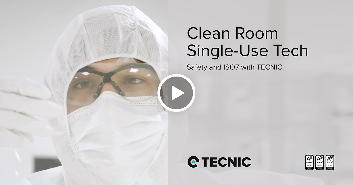 TECNIC's video cover story on cleanrooms and single-use technology, highlighting safety and ISO7 certifiacation. A technician in full protective gear is shown in the foreground.